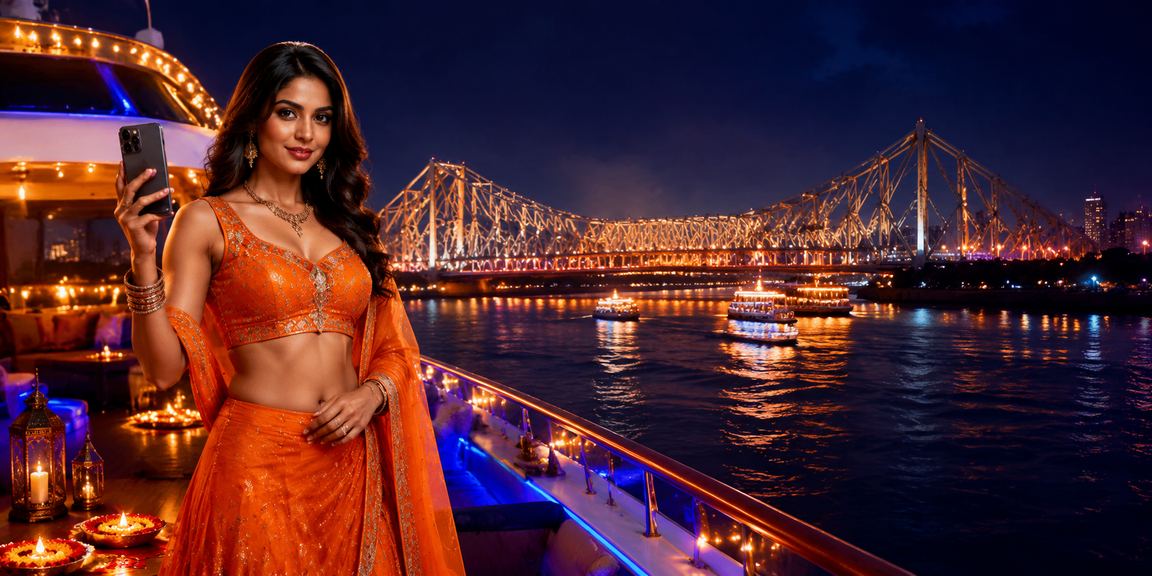 Kolkata Howrah Bridge with Diwali festival and mobile casino users