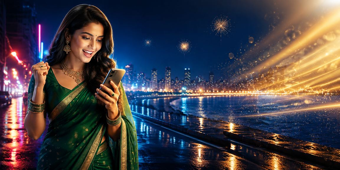 Indian woman enjoying mobile casino gaming near Mumbai skyscrapers